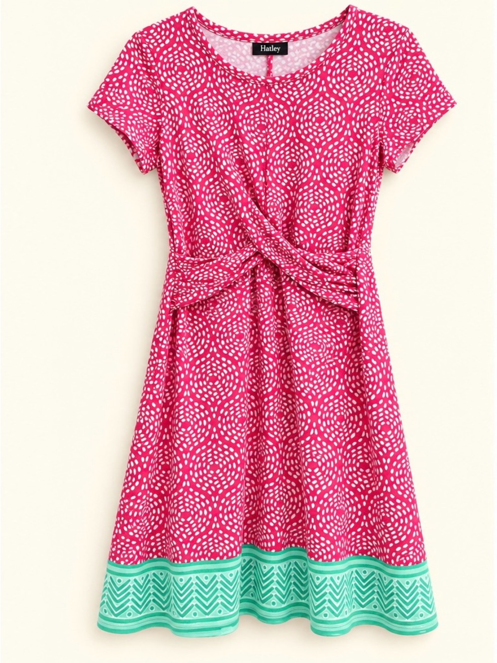 Hatley Pink White Print Twist Front Dress Medium? Aqua Border Stretch